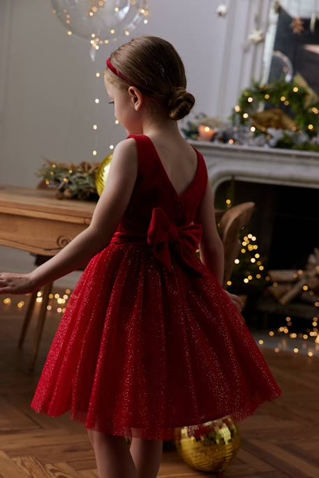 Vestido de Natal em veludo e tule brilhante, para menina vermelho 