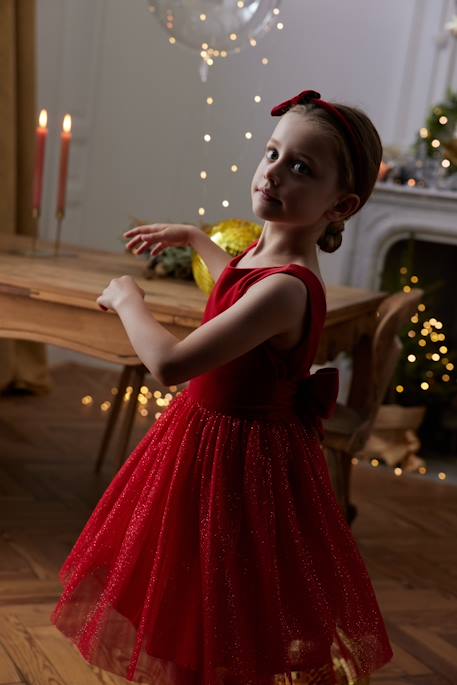 Vestido de Natal em veludo e tule brilhante, para menina vermelho 