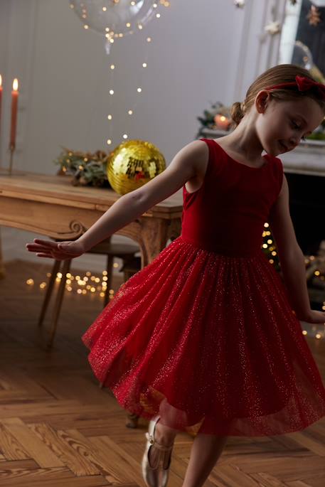 Vestido de Natal em veludo e tule brilhante, para menina vermelho 