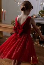 Vestido de Natal em veludo e tule brilhante, para menina vermelho 