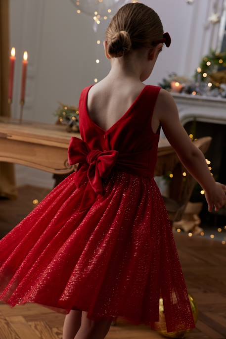 Vestido de Natal em veludo e tule brilhante, para menina vermelho 