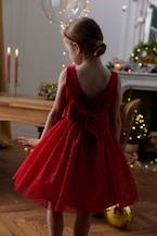 Vestido de Natal em veludo e tule brilhante, para menina vermelho 