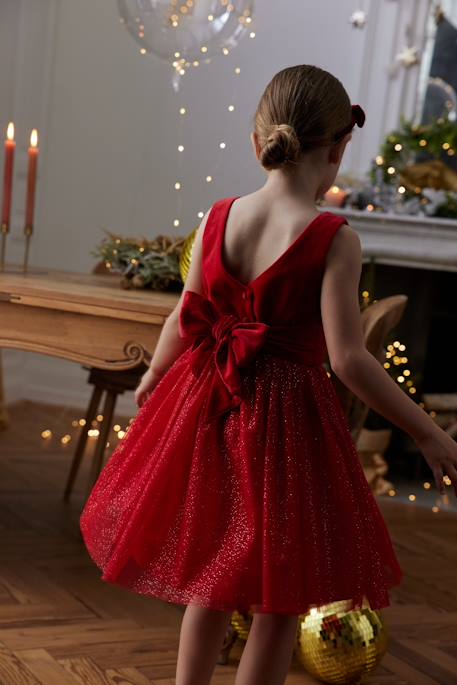 Vestido de Natal em veludo e tule brilhante, para menina vermelho 