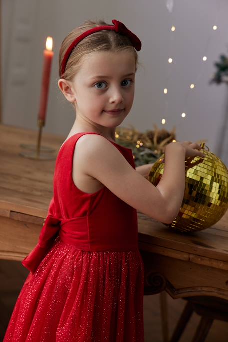 Vestido de Natal em veludo e tule brilhante, para menina vermelho 