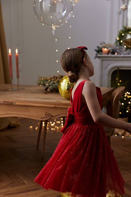 Vestido de Natal em veludo e tule brilhante, para menina vermelho 