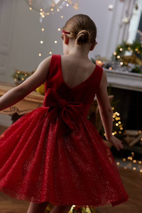 Vestido de Natal em veludo e tule brilhante, para menina vermelho 