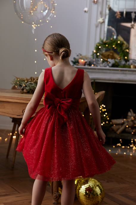 Vestido de Natal em veludo e tule brilhante, para menina vermelho 