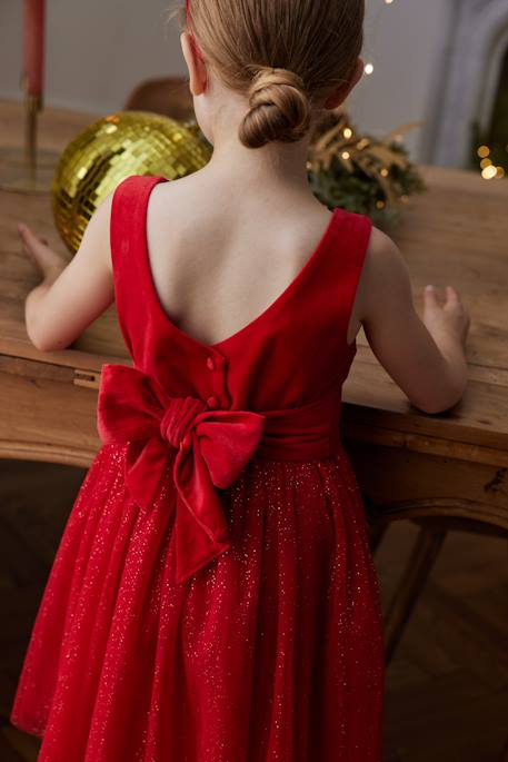 Vestido de Natal em veludo e tule brilhante, para menina vermelho 