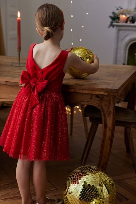 Vestido de Natal em veludo e tule brilhante, para menina vermelho 