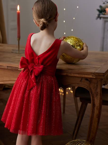 Vestido de Natal em veludo e tule brilhante, para menina vermelho 