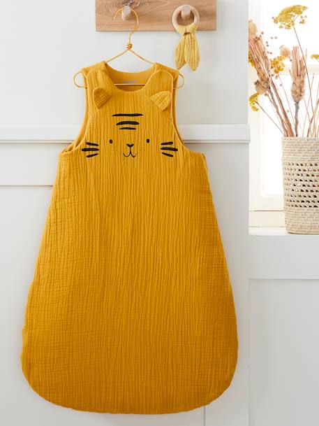 Saco de bebé sem mangas, em gaze de algodão bio*, tema Baby Tigre AMARELO MEDIO LISO COM MOTIVO 