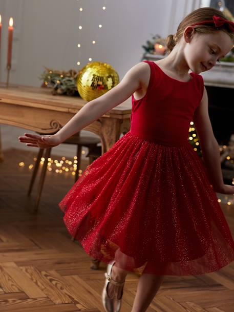 Vestido de Natal em veludo e tule brilhante, para menina vermelho 