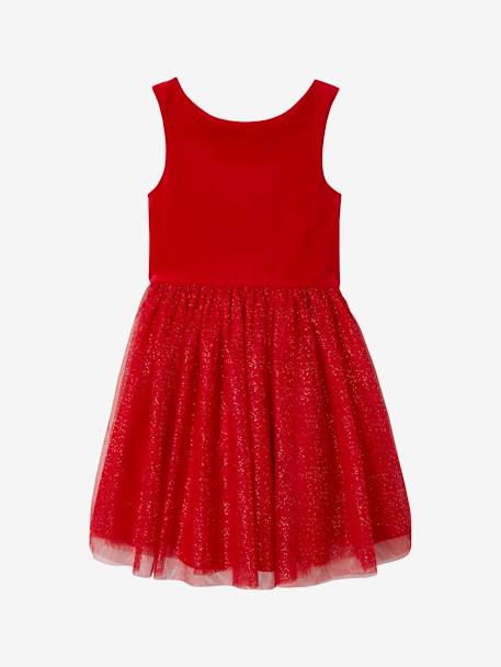 Vestido de Natal em veludo e tule brilhante, para menina vermelho 