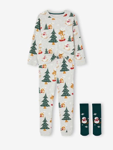 Conjunto de Natal, pijama + meias de menino cinza mesclado 