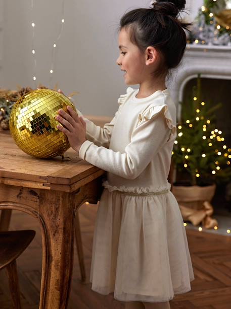 Vestido bimatéria de Natal, saia em tule, para menina cru 