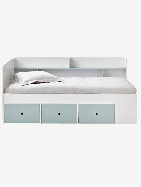 Cama com plataforma e arrumações, para criança, BASEO branco+Branco claro liso+rosa-nude 