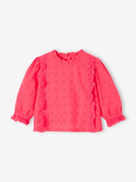 Blusa em bordado inglês, com folhos, para bebé branco+rosa-bombom+rosa-pálido 