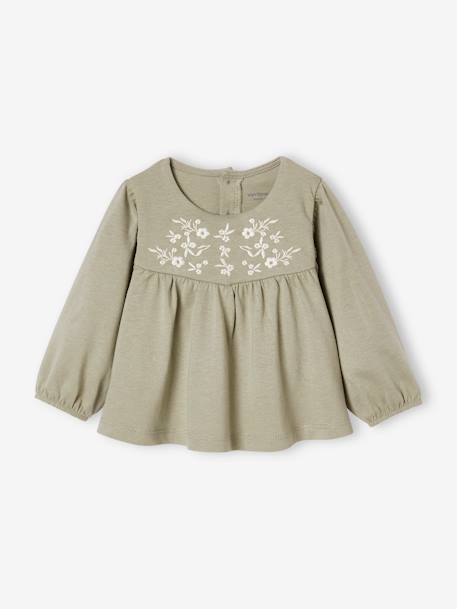 Camisola modelo blusa, flores bordadas, para bebé verde-água 