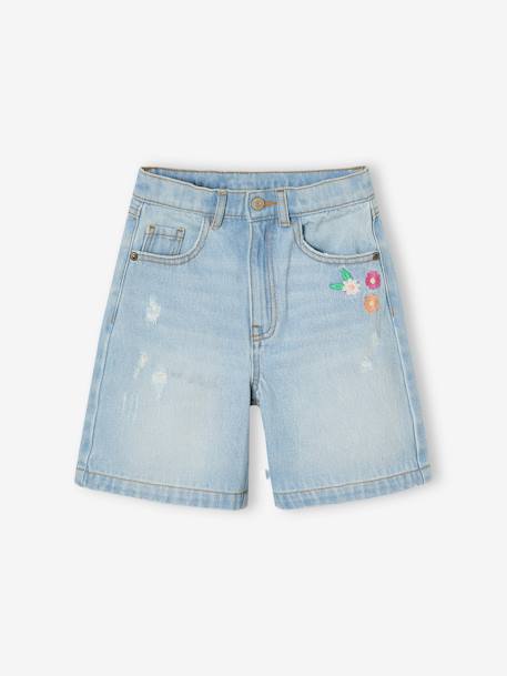 Bermudas de ganga bordada com flores azul claro 