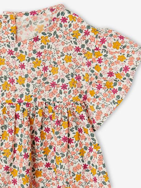 Blusa às flores, mangas curtas com folhos, para menina cru+laranja estampado+quadrados vermelho+rosa-pálido 