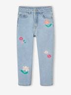 Jeans Mom com flores bordadas para menina azul claro 