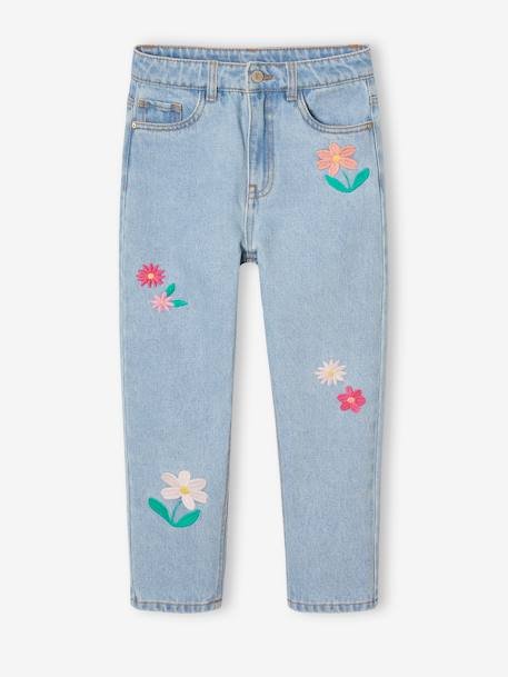 Jeans Mom com flores bordadas para menina azul claro 