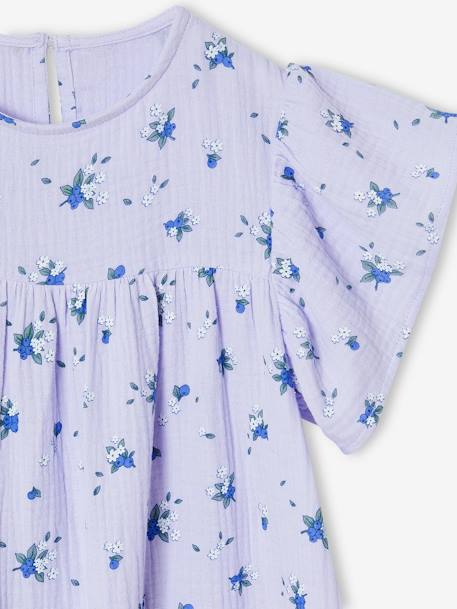 Vestido estampado às flores, em gaze de algodão, para menina azul-acinzentado+baunilha+lavanda+rosa+verde-salva+violeta 