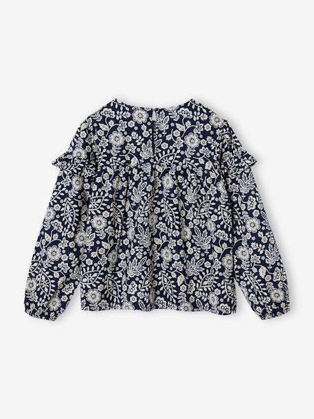 Blusa com folhos, estampada com flores, para menina branco estampado+cru+marinho 