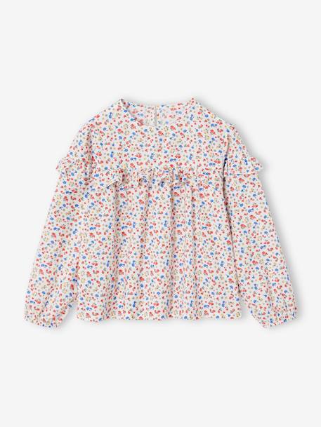 Blusa com folhos, estampada com flores, para menina branco estampado+cru+marinho 