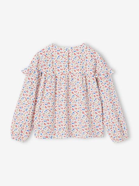 Blusa com folhos, estampada com flores, para menina branco estampado+cru+marinho 