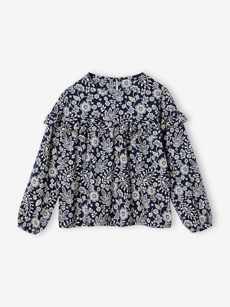 Blusa com folhos, estampada com flores, para menina branco estampado+cru+marinho 