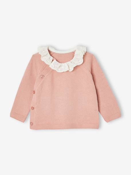 Camisola para bebé, gola com bordado inglês rosa 