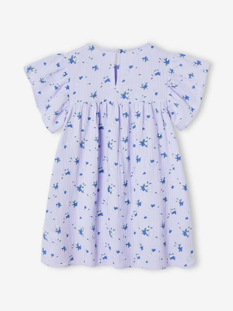 Vestido estampado às flores, em gaze de algodão, para menina azul-acinzentado+baunilha+lavanda+rosa+verde-salva+violeta 