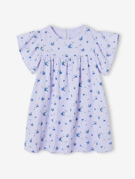 Vestido estampado às flores, em gaze de algodão, para menina azul-acinzentado+baunilha+lavanda+rosa+verde-salva+violeta 