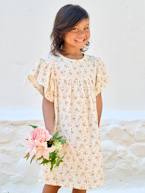 Vestido estampado às flores, em gaze de algodão, para menina azul-acinzentado+baunilha+lavanda+rosa+verde-salva+violeta 