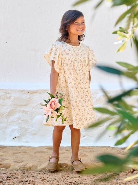 Vestido estampado às flores, em gaze de algodão, para menina azul-acinzentado+baunilha+lavanda+rosa+verde-salva+violeta 