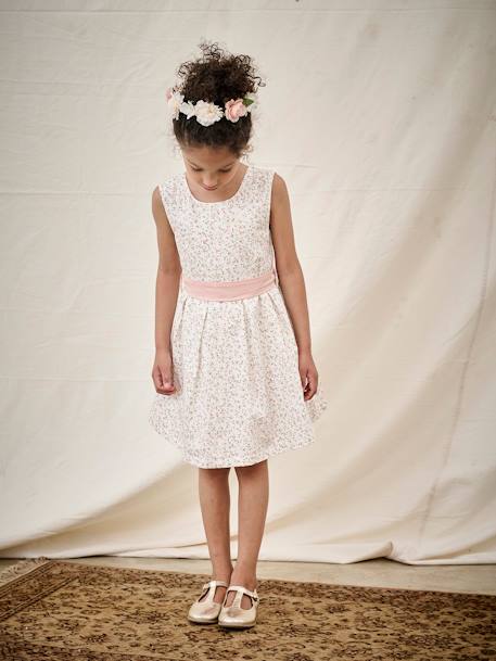 Vestido estampado às flores, especial cerimónia, para menina azul+branco estampado+estampado rosa 