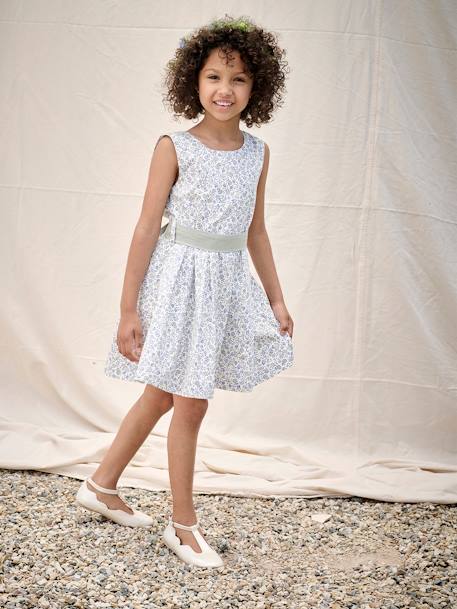 Vestido estampado às flores, especial cerimónia, para menina azul+branco estampado+estampado rosa 