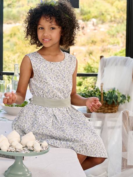 Vestido estampado às flores, especial cerimónia, para menina azul+branco estampado+estampado rosa 