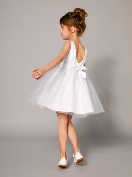 Vestido de cerimónia em cetim e tule, para menina AZUL CLARO LISO+Bege-rosado+Branco 