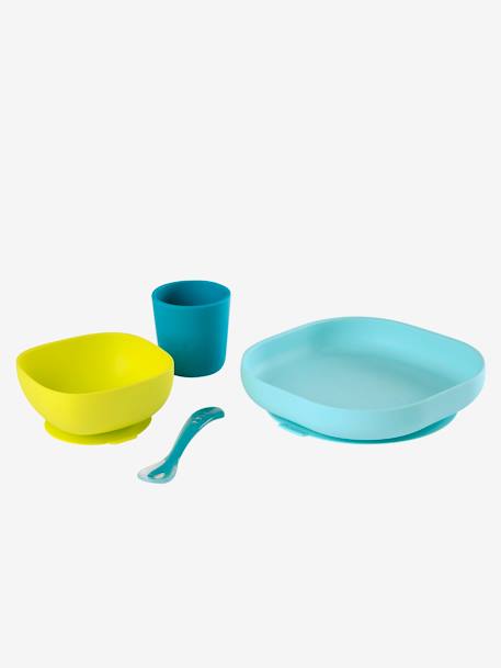 Conjunto de louça Montessori, 4 peças em silicone, BEABA AMARELO MEDIO LISO+AZUL MEDIO BICOLOR/MULTICOLOR+AZUL MEDIO LISO+ROSA CLARO BICOLOR/MULTICOLOR+VERDE CLARO BICOLOR/MULTICOLOR+VERDE CLARO LISO 