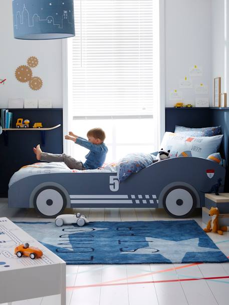 Cama em forma de carro de corrida, Carros Azul medio liso com motivo 