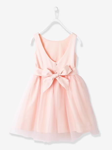 Vestido de cerimónia em cetim e tule, para menina AZUL CLARO LISO+Bege-rosado+Branco 